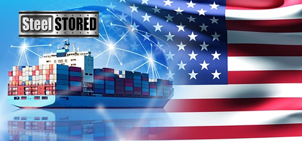 Cargo ship with containers and American flag background symbolizing trade.